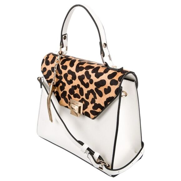 Dune London White Saffiano Leather Leopard Print Calf Hair Fur Trimmed Hand Bag - Picture 3 of 15